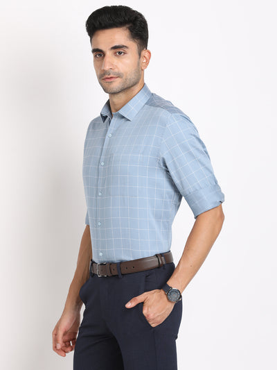 100% Cotton Blue Checkered Regular Fit Full Sleeve Formal Shirt