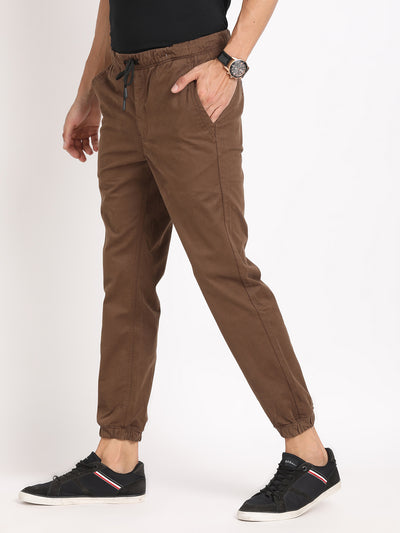 Cotton Stretch Brown Plain Jogger Flat Front Casual Trouser