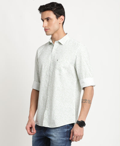 Cotton Linen Sea Green Printed Slim Fit Full Sleeve Casual Shirt