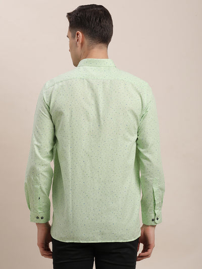 Cotton Linen Pista Green Printed Regular Fit Full Sleeve Formal Shirt