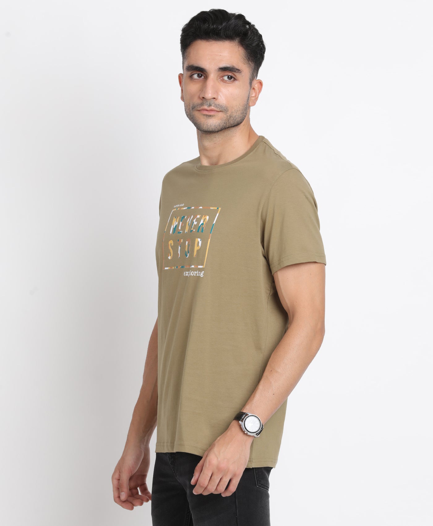 Knitted Olive Plain Crew Neck Half Sleeve Casual T-Shirt