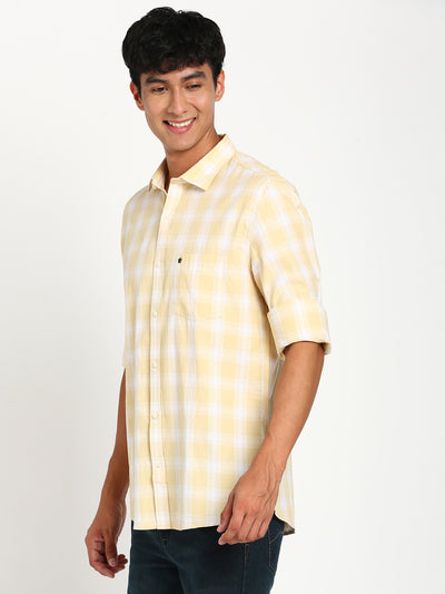 100% Cotton Yellow Checkered Slim Fit Full Sleeve Casual Shirt