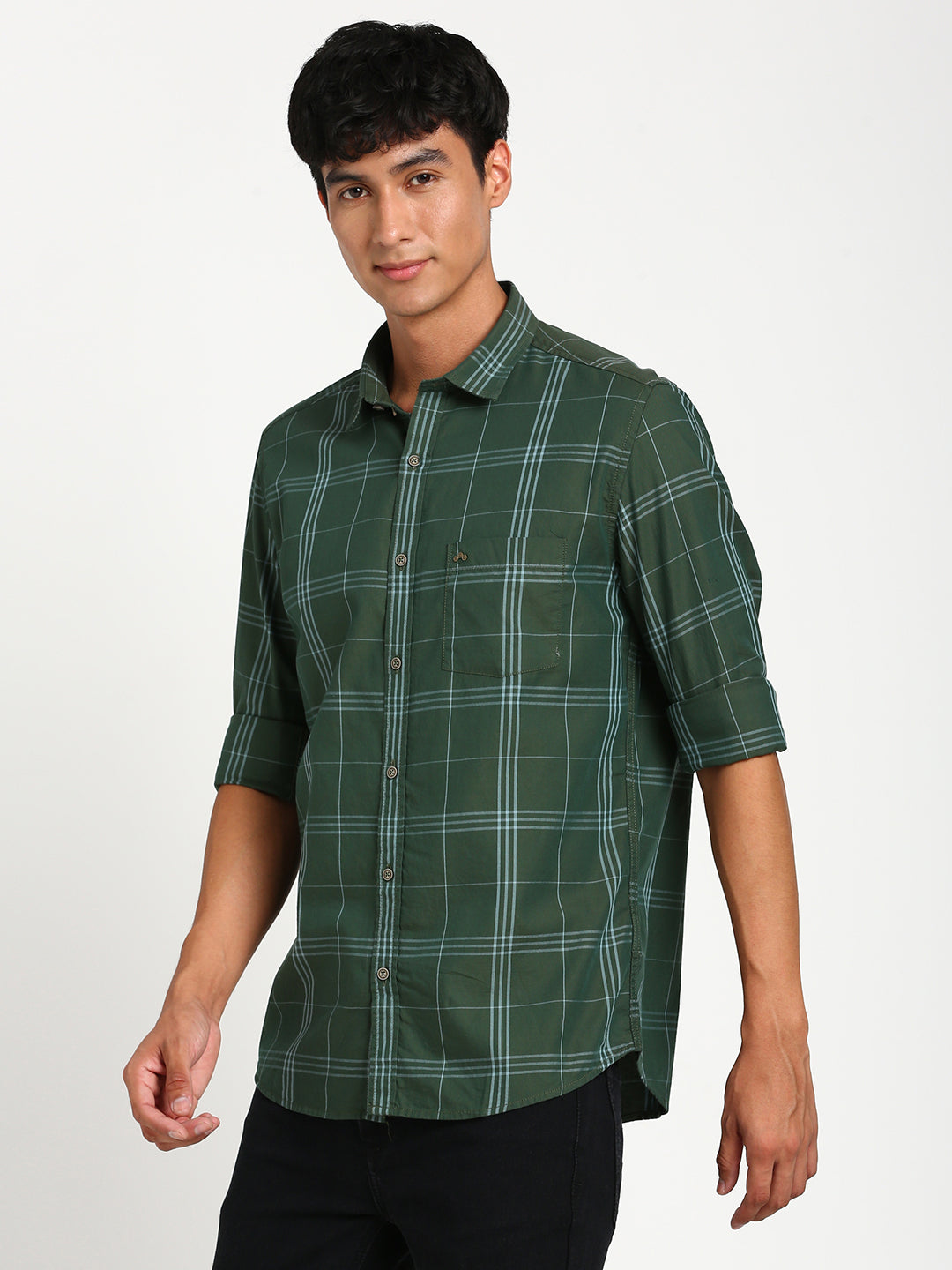 100% Cotton Green Checkered Slim Fit Full Sleeve Casual Shirt