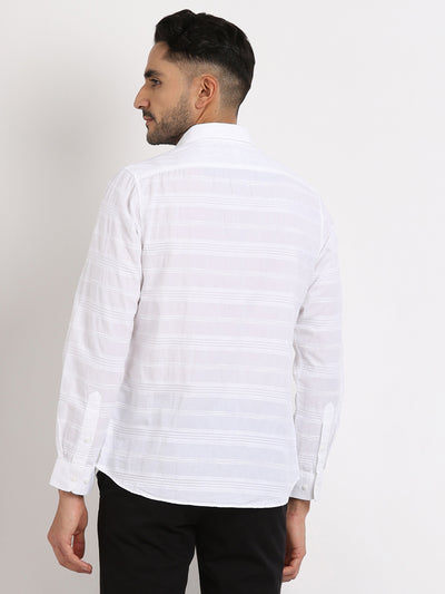 100% Cotton White Striped Slim Fit Full Sleeve Casual Shirt