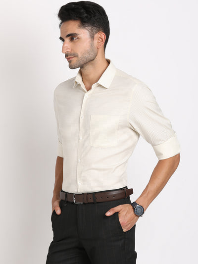 Cotton Tencel Cream Printed Slim Fit Full Sleeve Formal Shirt