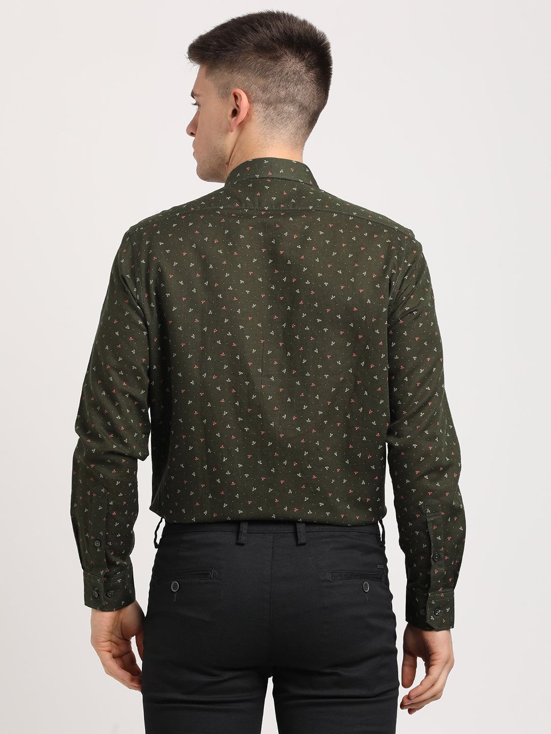 Cotton Linen Dark Green Printed Regular Fit Full Sleeve Formal Shirt