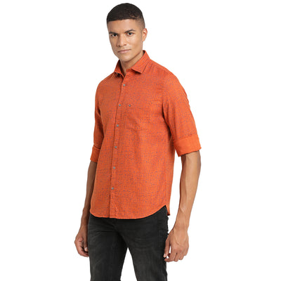 Turtle Men Orange Cotton Printed Slim Fit Casual Shirts