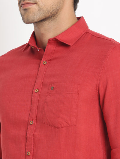 Cotton Lyocell Red Plain Slim Fit Full Sleeve Casual Shirt