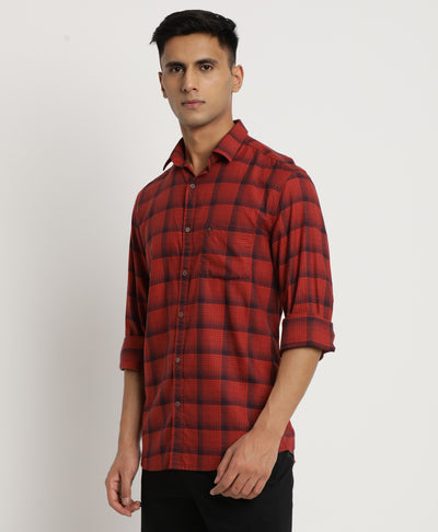 100% Cotton Red Checkered Slim Fit Full Sleeve Casual Shirt