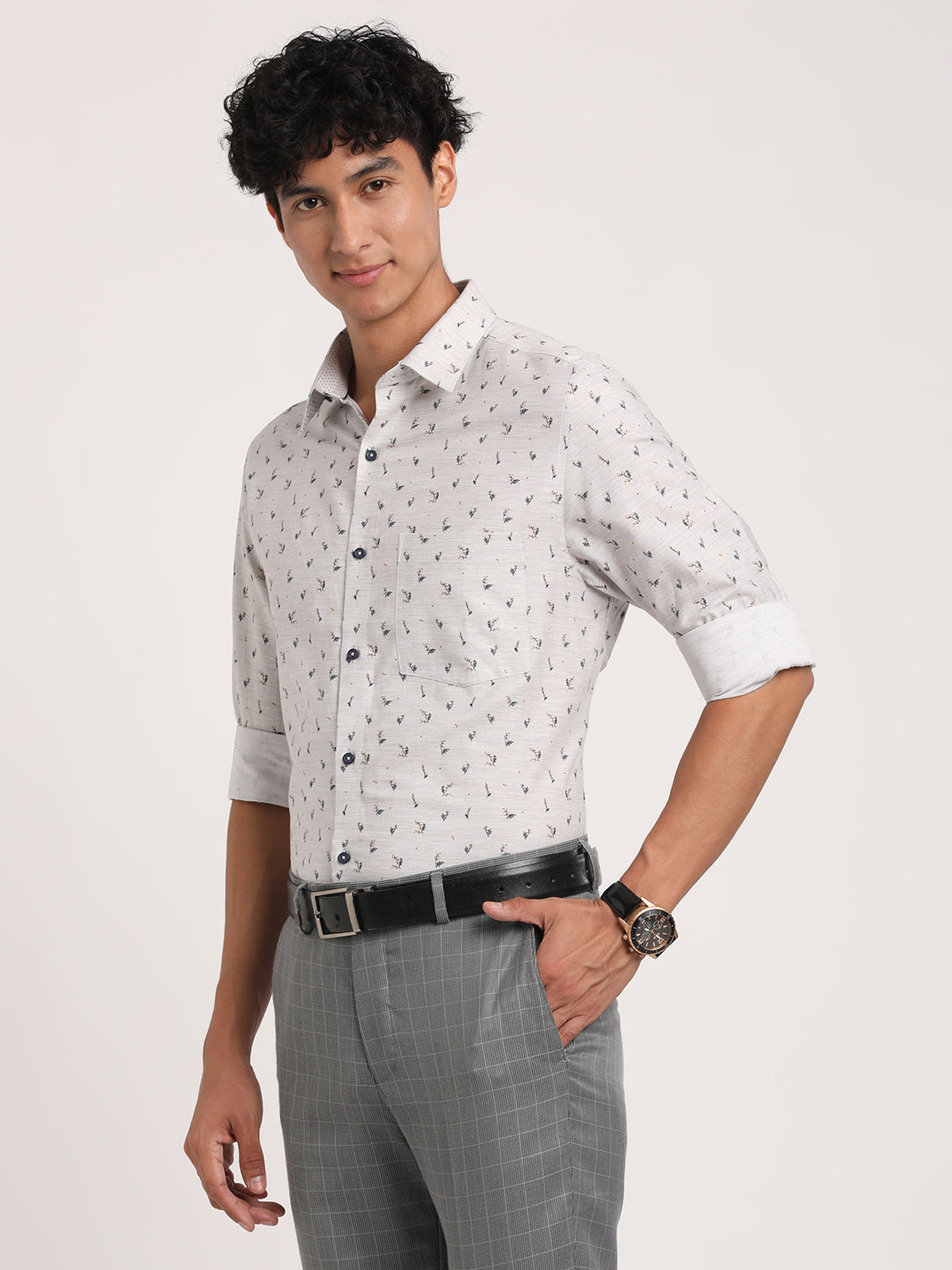 Cotton Melange Grey Printed Slim Fit Full Sleeve Formal Shirt