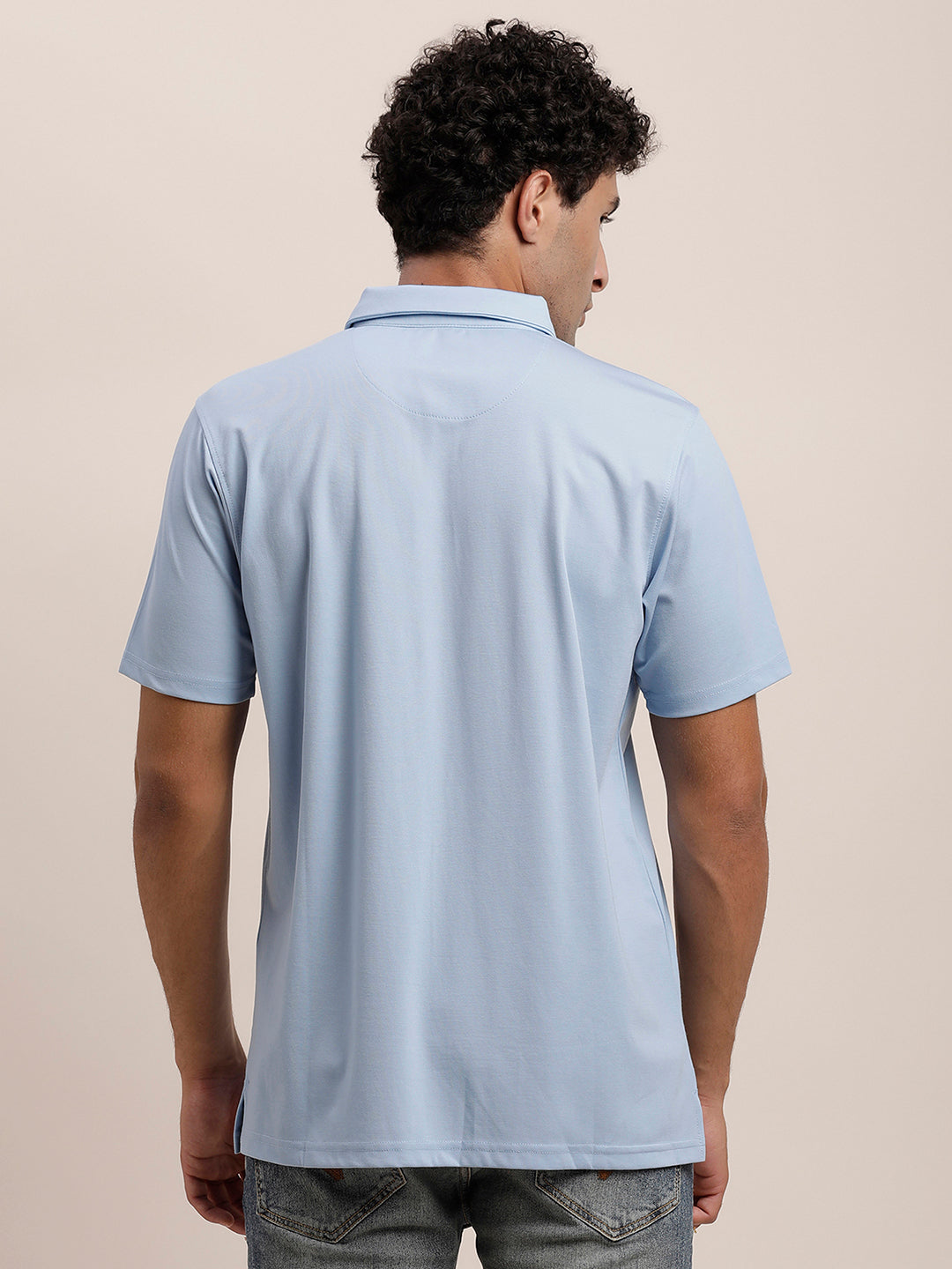 Cotton Plain Light Blue Polo Neck T-Shirt