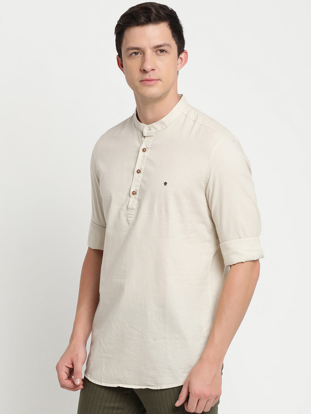 Cotton Linen Off White Plain Slim Fit Full Sleeve Casual Shirt