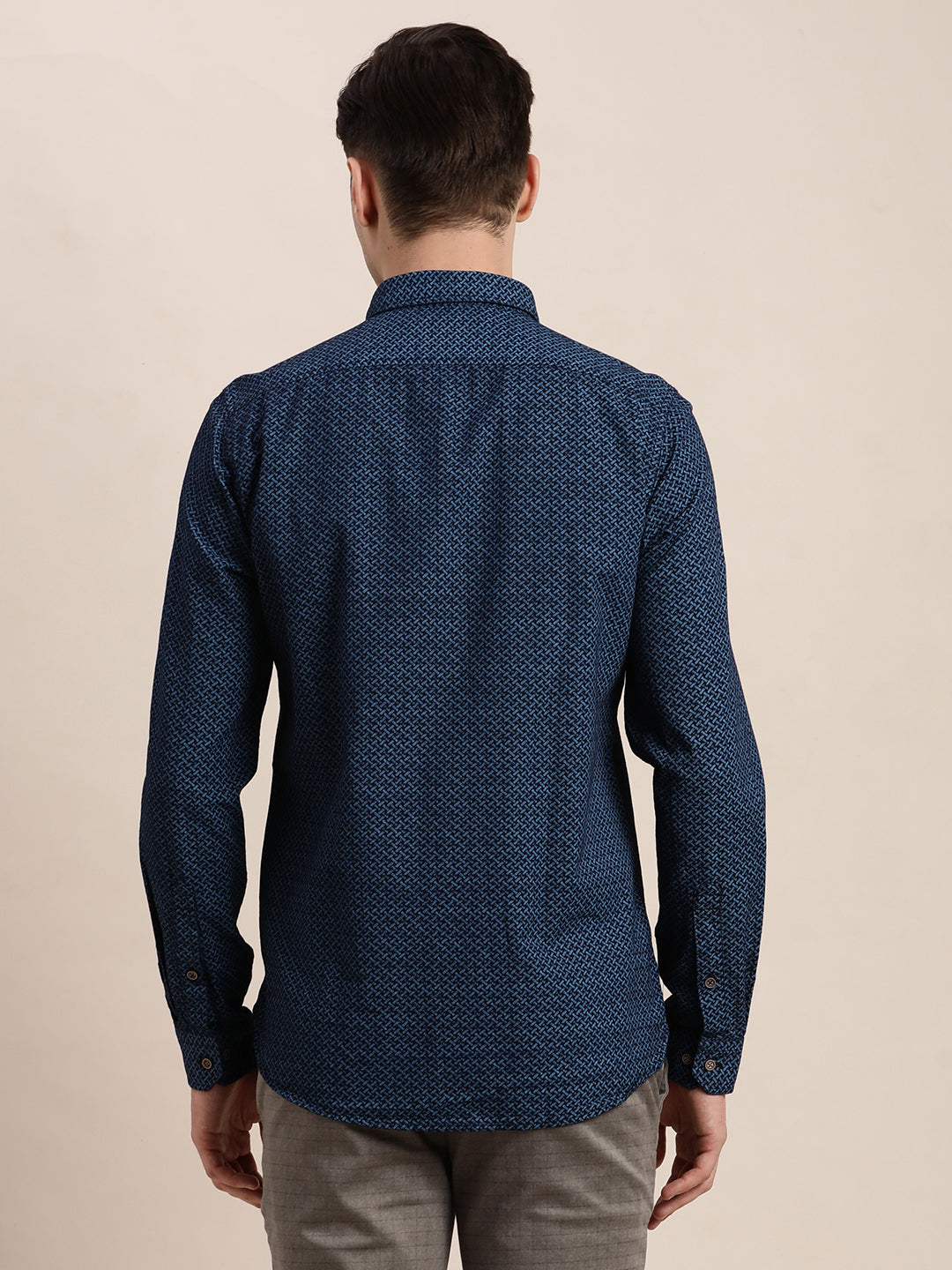 100% Cotton Indigo Dark Blue Printed Slim Fit Full Sleeve Casual Shirt