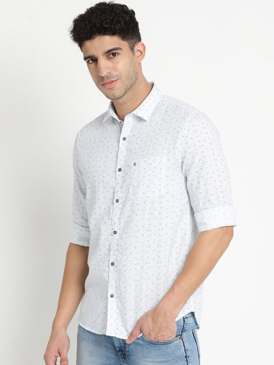 100% Cotton White Printed Slim Fit Full Sleeve Casual Shirt