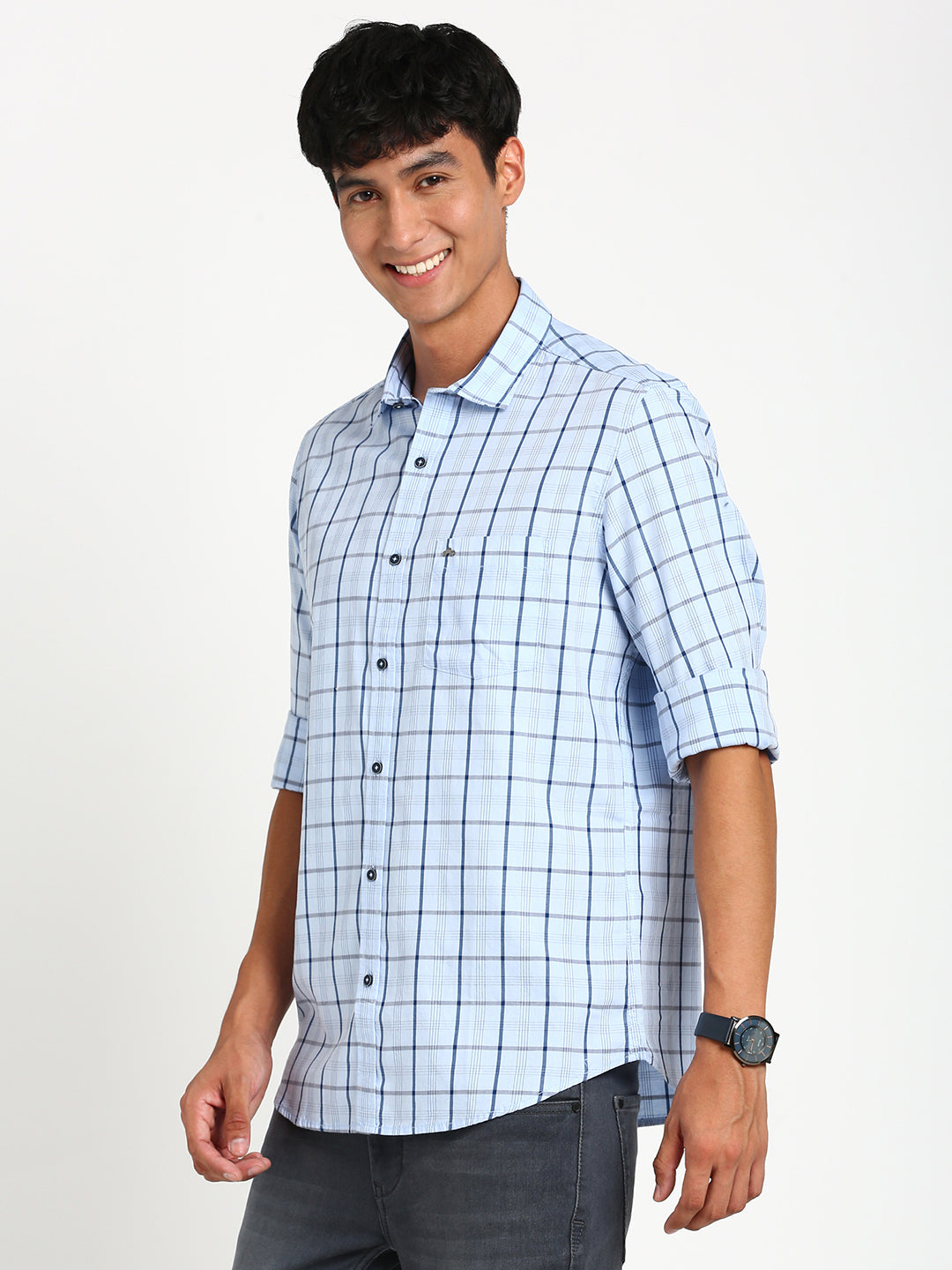 100% Cotton Sky Blue Checkered Slim Fit Full Sleeve Casual Shirt