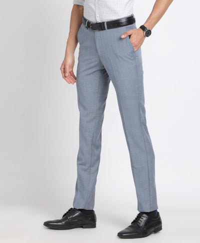 Terry Rayon Grey Checkered Slim Fit Flat Front Formal Trouser