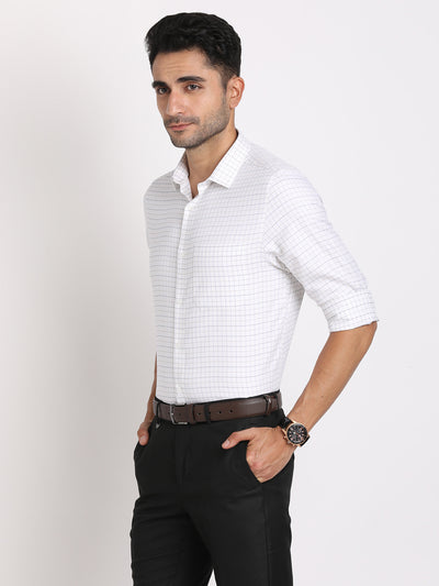 100% Cotton Off White Checkered Slim Fit Full Sleeve Formal Shirt