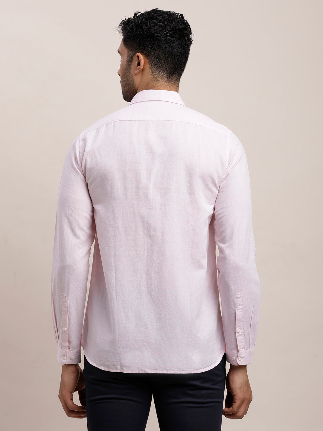 Cotton Linen Light Pink Plain Slim Fit Full Sleeve Casual Shirt