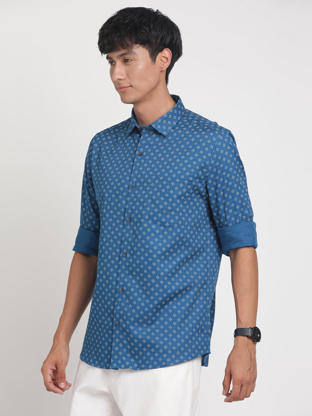 100% Cotton Blue Printed Slim Fit Full Sleeve Formal Shirt