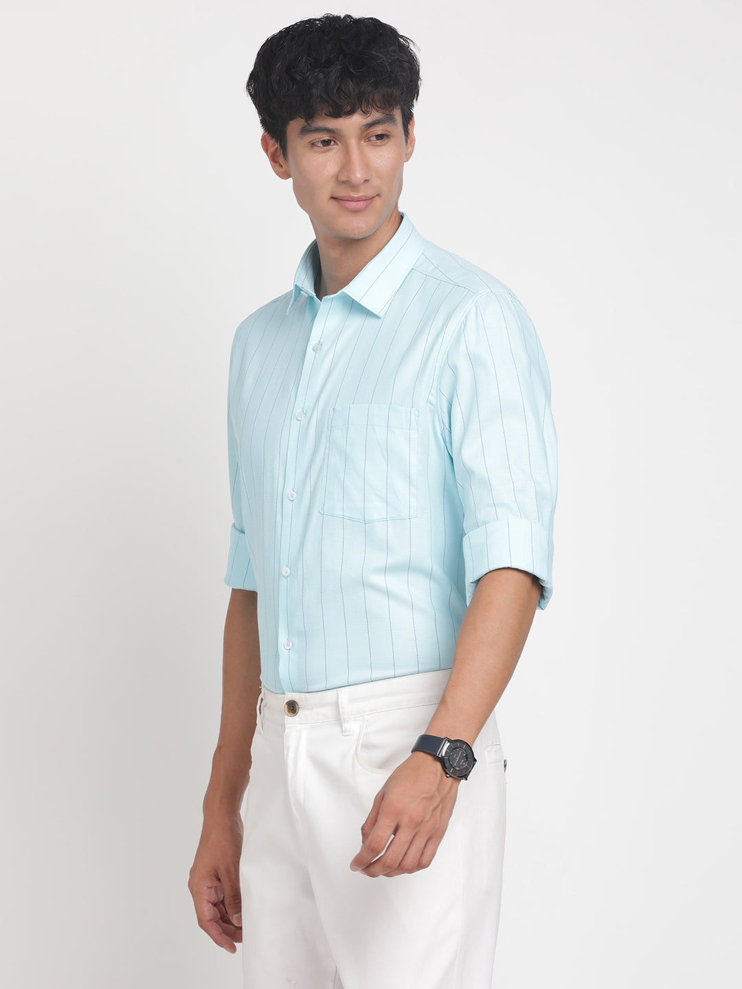 100% Cotton Aqua Blue Striped Regular Fit Full Sleeve Formal Shirt