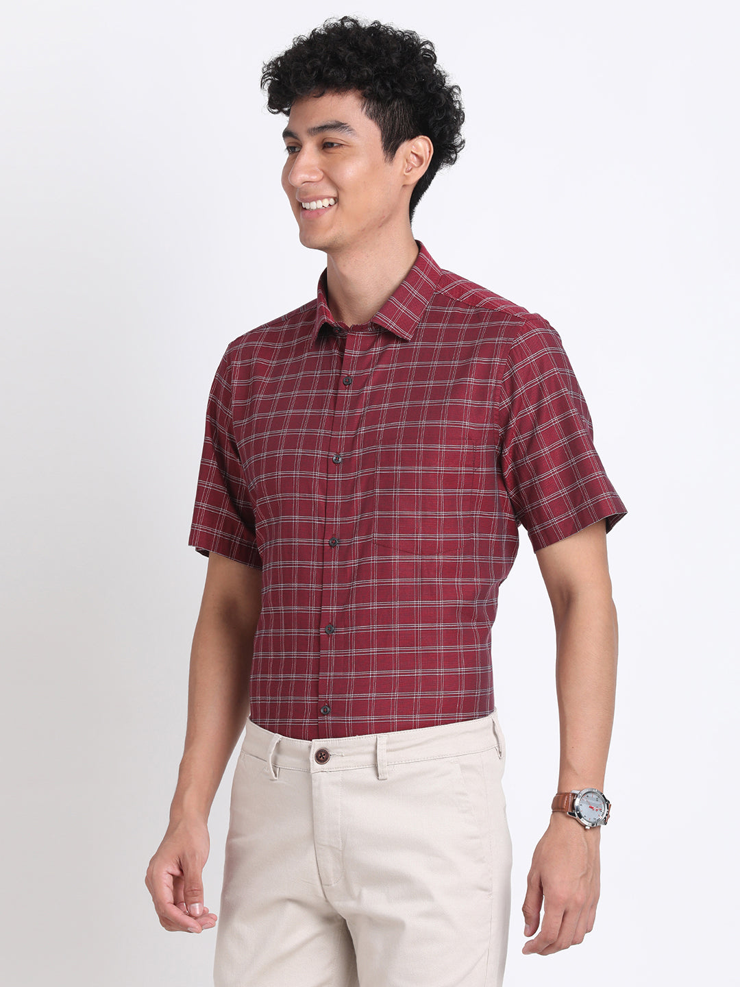 100% Cotton Maroon Checkered Regular Fit Half Sleeve Formal Shirt