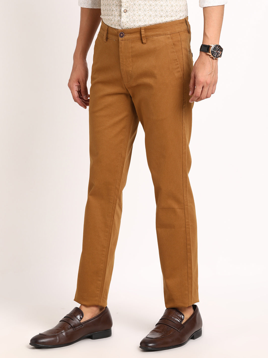 Cotton Stretch Khaki Printed Ultra Slim Fit Flat Front Casual Trouser