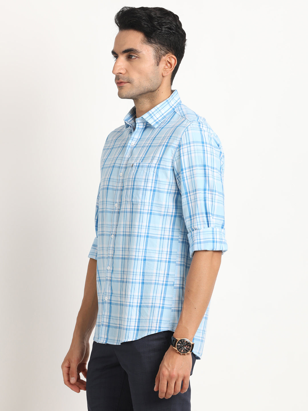 Cotton Blue Checkered Full Sleeve Casual Shirt