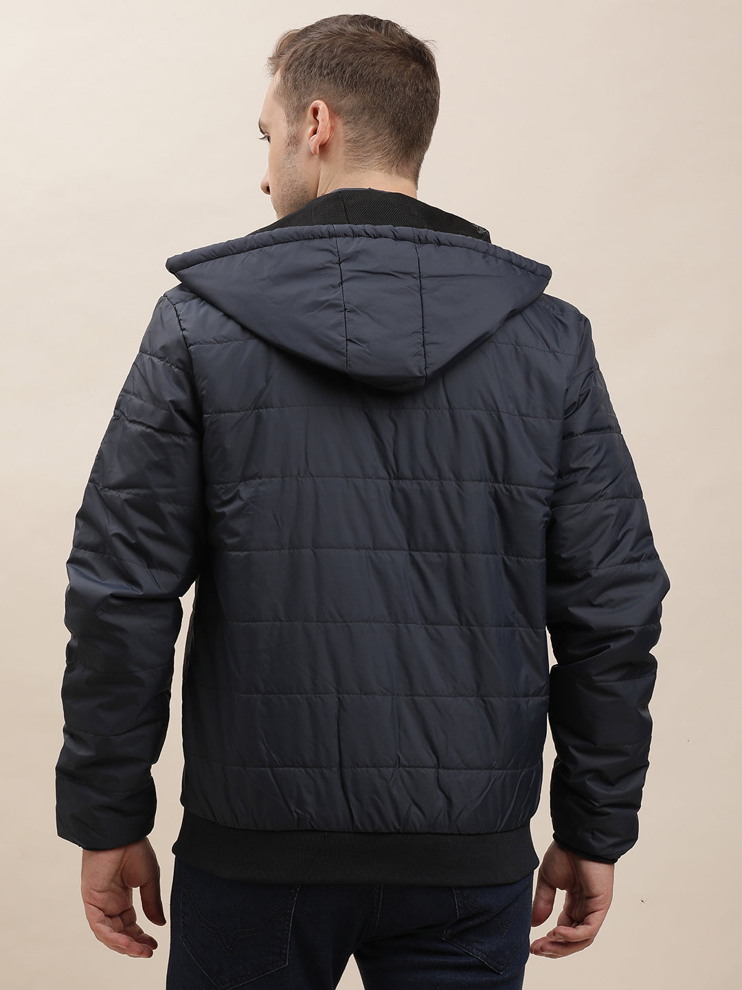 Nylon Solid Navy Zipper Hooded Windcheater Jacket