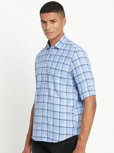 Cotton Melange Sky Blue Checkered Slim Fit Full Sleeve Casual Shirt