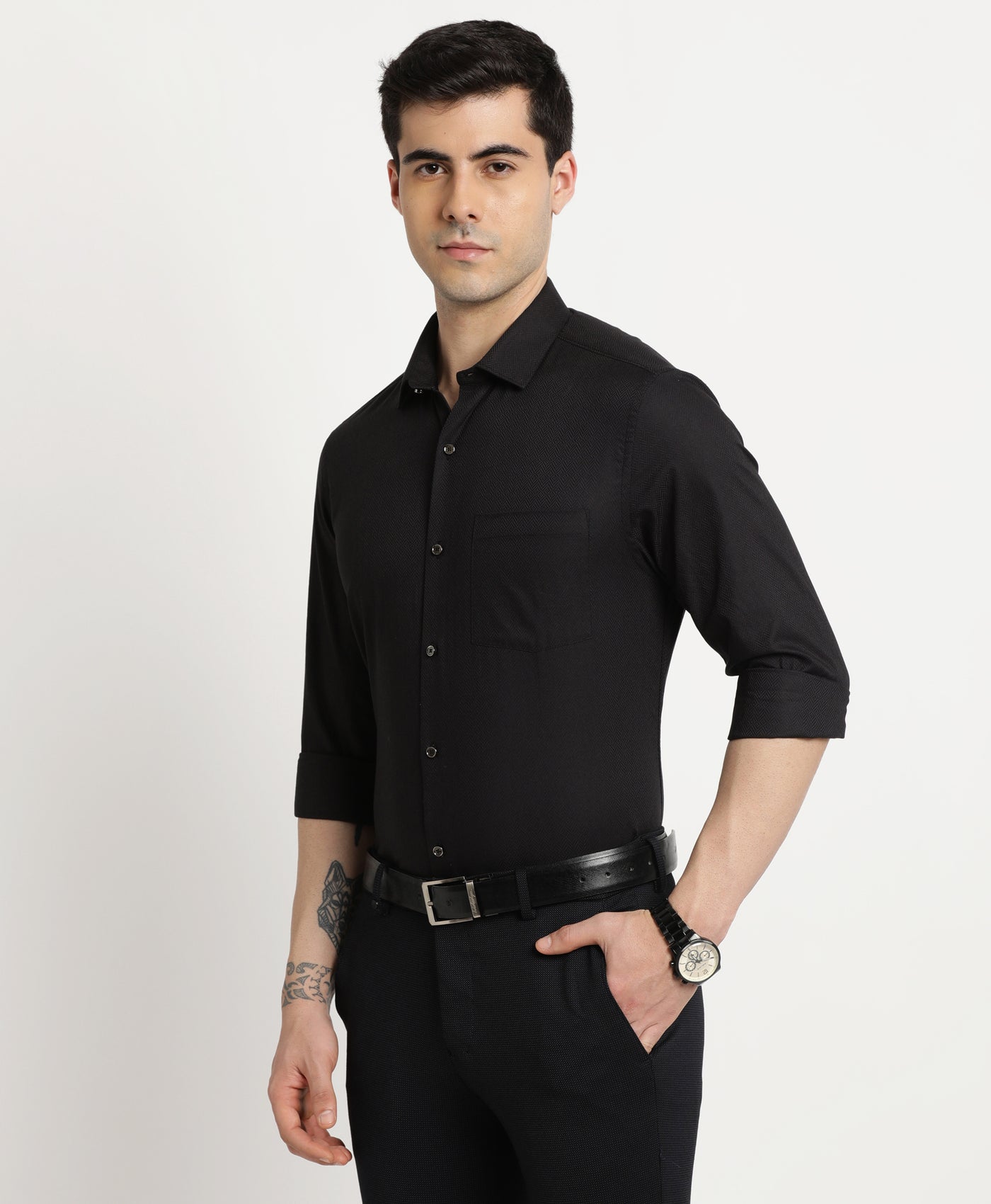 100% Cotton Black Dobby Slim Fit Full Sleeve Ceremonial Shirt
