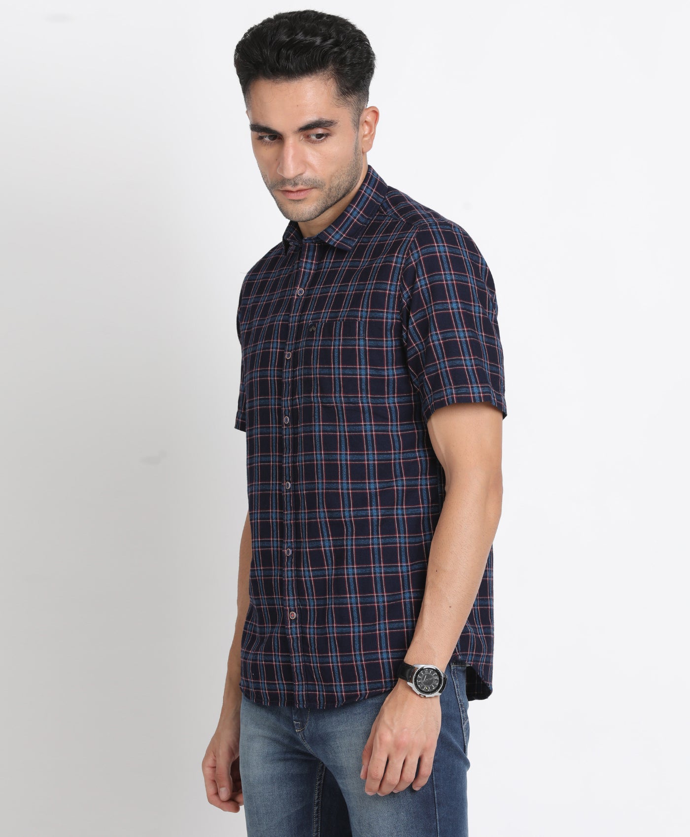 100% Cotton Indigo Navy Blue Checkered Slim Fit Half Sleeve Casual Shirt
