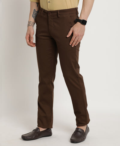 Cotton Stretch Brown Dobby Ultra Slim Fit Flat Front Casual Trouser