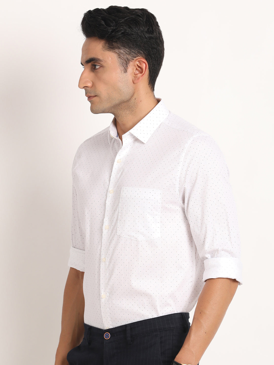 100% Cotton White Printed Slim Fit Full Sleeve Formal Shirt