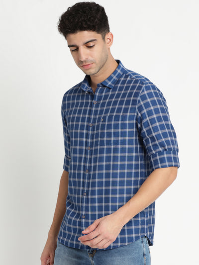 Cotton Linen Blue Checkered Slim Fit Full Sleeve Casual Shirt