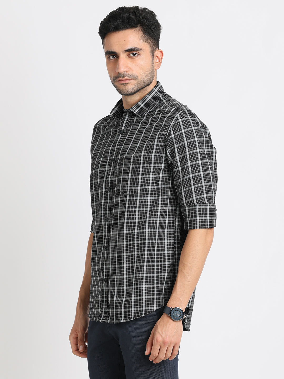 Cotton Melange Black Checkered Slim Fit Full Sleeve Casual Shirt