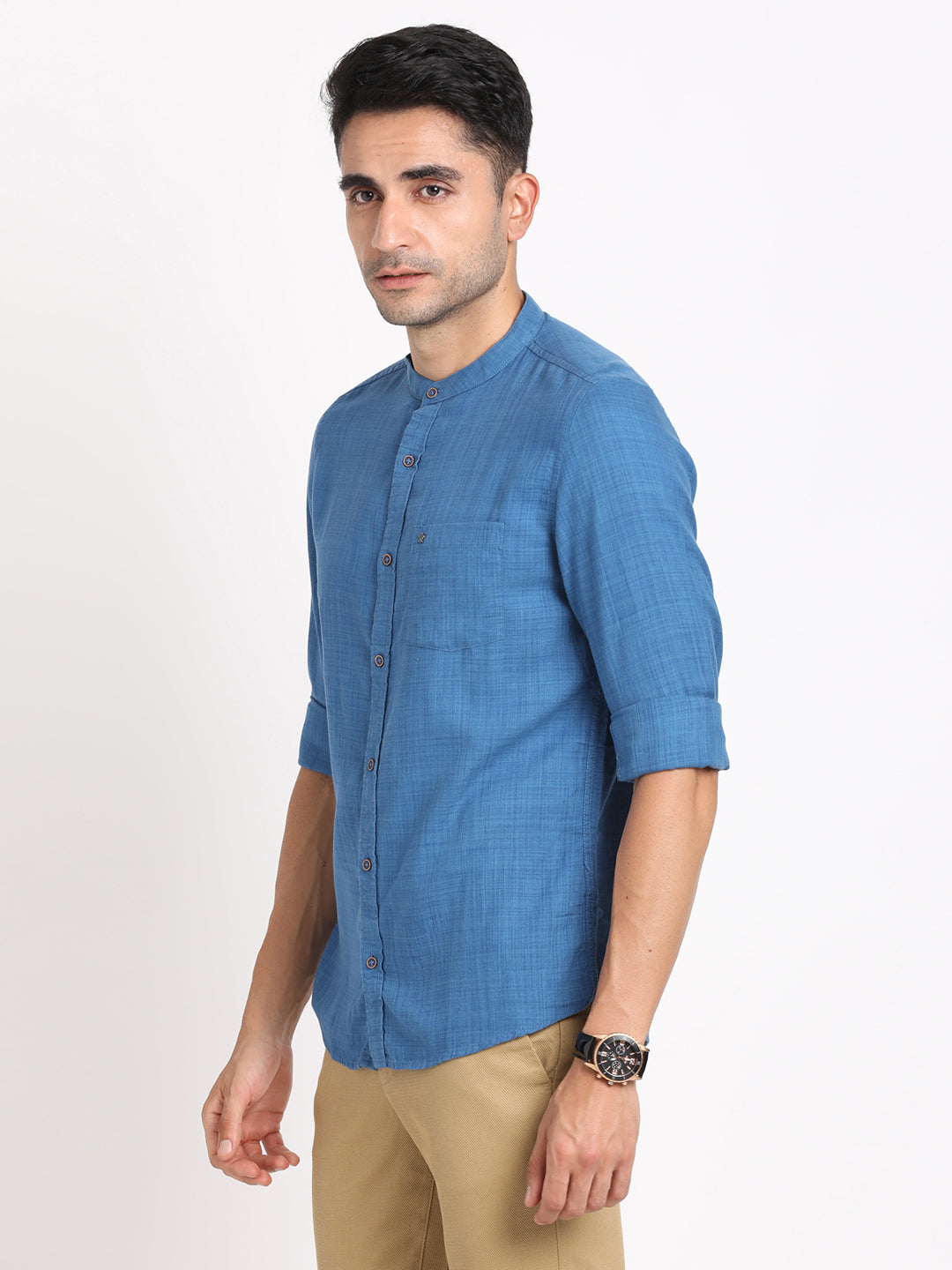 Cotton Lyocell Blue Plain Slim Fit Full Sleeve Casual Shirt