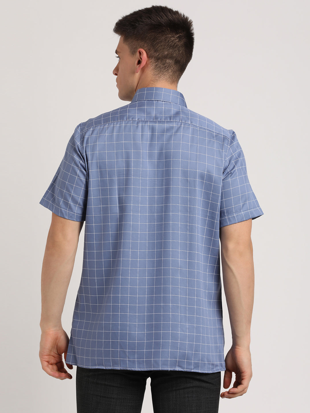 100% Cotton Light Blue Checkered Regular Fit Half Sleeve Formal Shirt