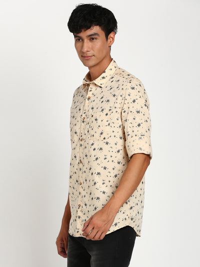 100% Cotton Beige Printed Slim Fit Full Sleeve Casual Shirt