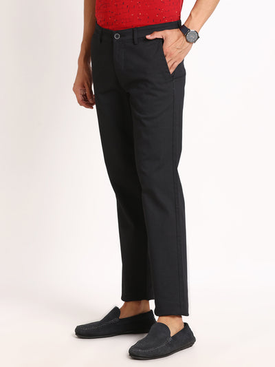 Cotton Stretch Black Printed Ultra Slim Fit Flat Front Casual Trouser