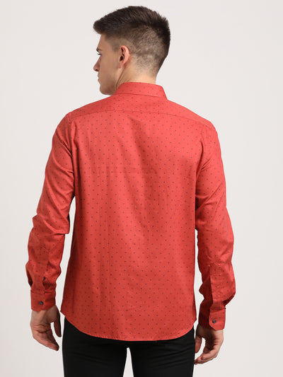 100% Cotton Red Printed Slim Fit Full Sleeve Formal Shirt