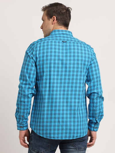 100% Cotton Sky Blue Checkered Slim Fit Full Sleeve Casual Shirt