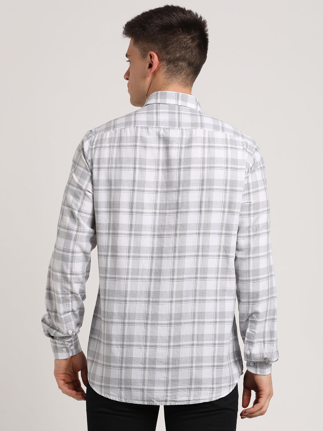 Cotton Melange Grey Checkered Slim Fit Full Sleeve Casual Shirt