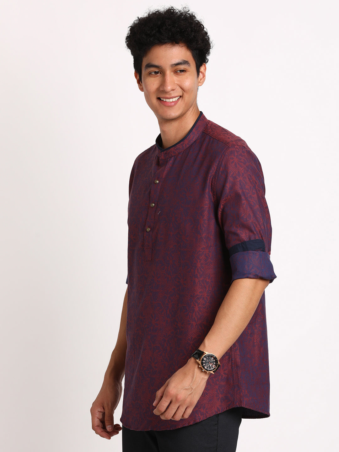 100% Cotton Burgundy Jacquard Kurta Full Sleeve Ceremonial Shirt