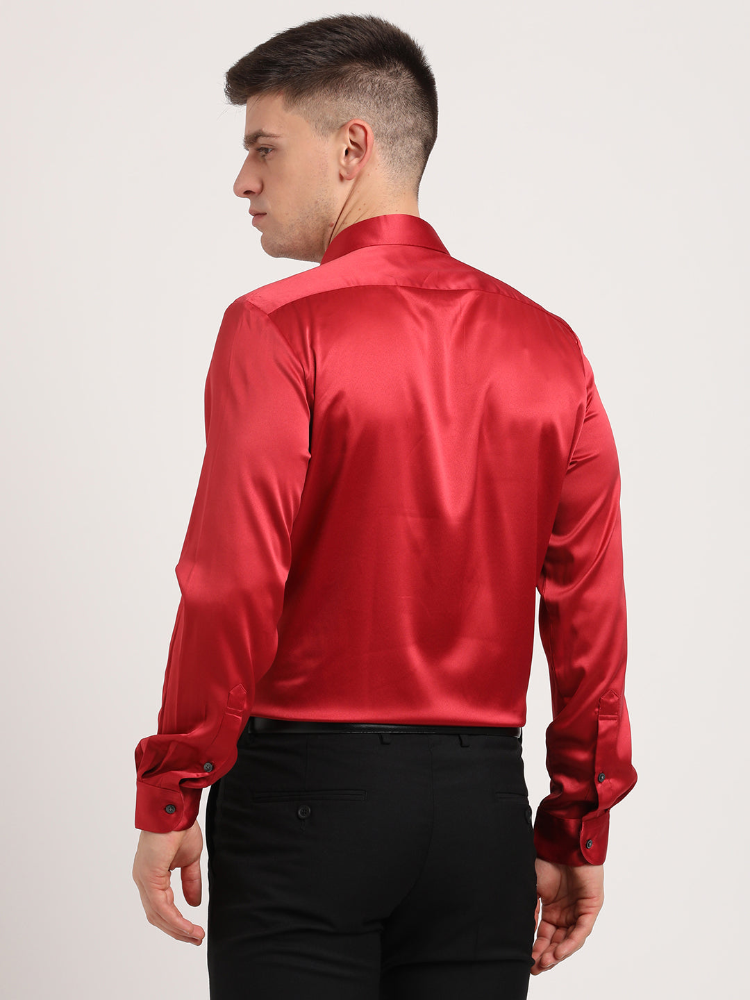 Poly Satin Red Plain Slim Fit Full Sleeve Ceremonial Shirt