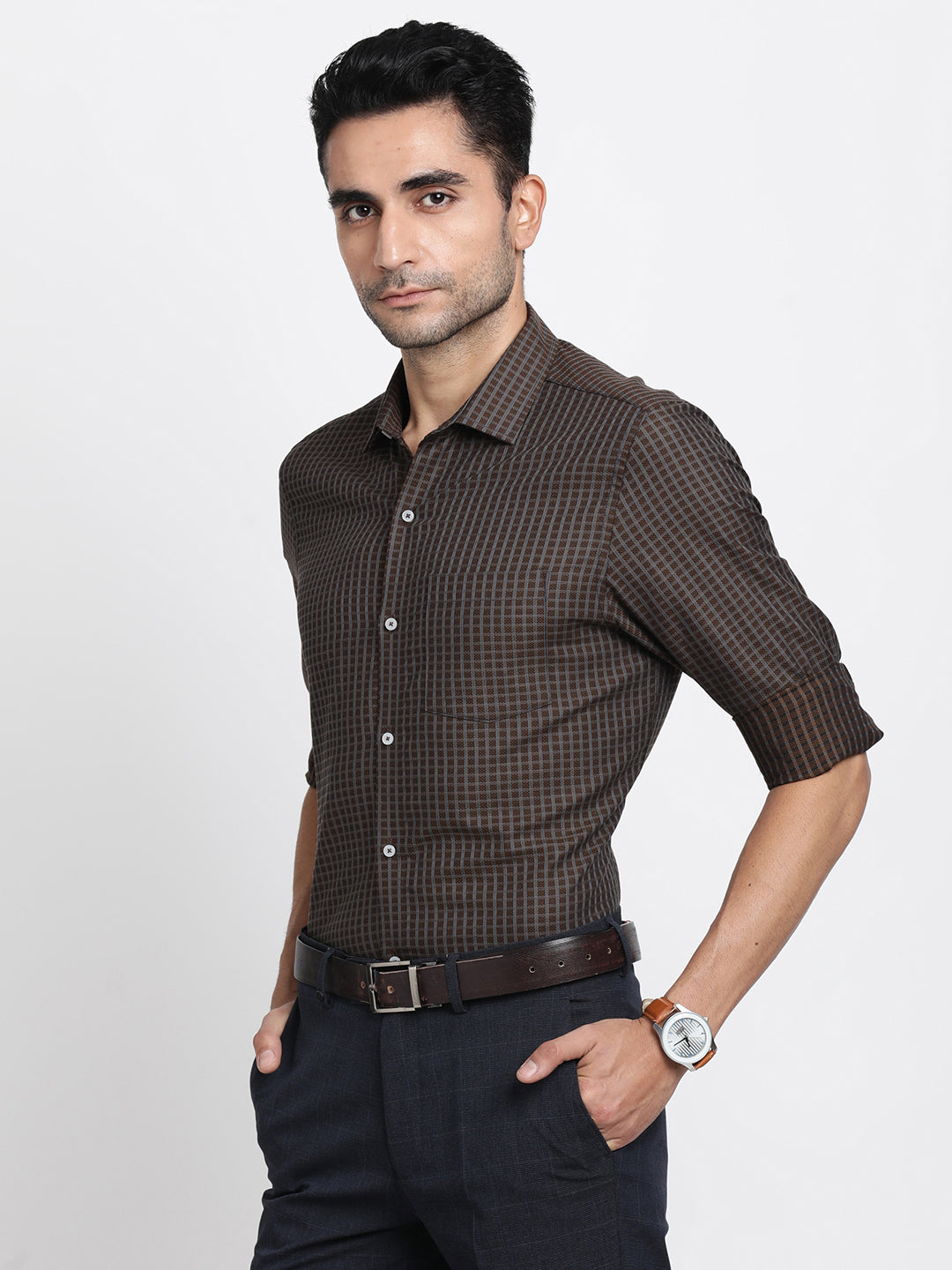 Giza Cotton Brown Checkered Slim Fit Full Sleeve Formal Shirt