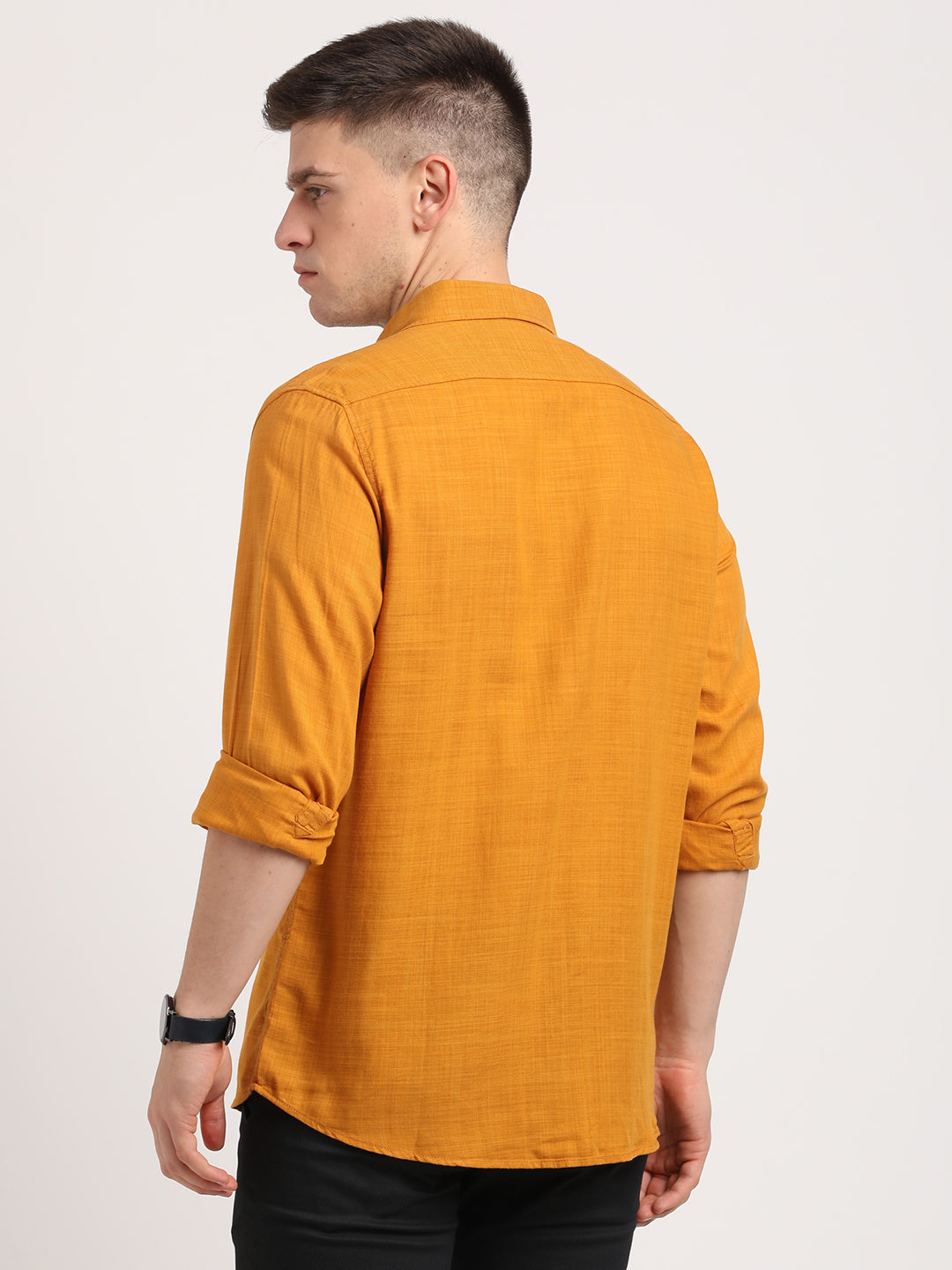 Cotton Lyocell Mustard Plain Slim Fit Full Sleeve Casual Shirt