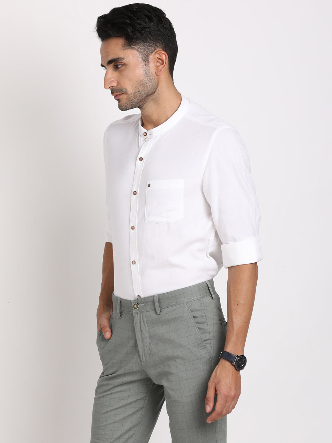 Cotton Lyocell White Plain Slim Fit Full Sleeve Casual Shirt