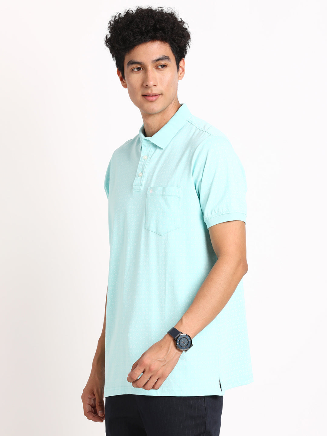100% Cotton Turquoise Printed Polo Neck Half Sleeve Casual T-Shirt