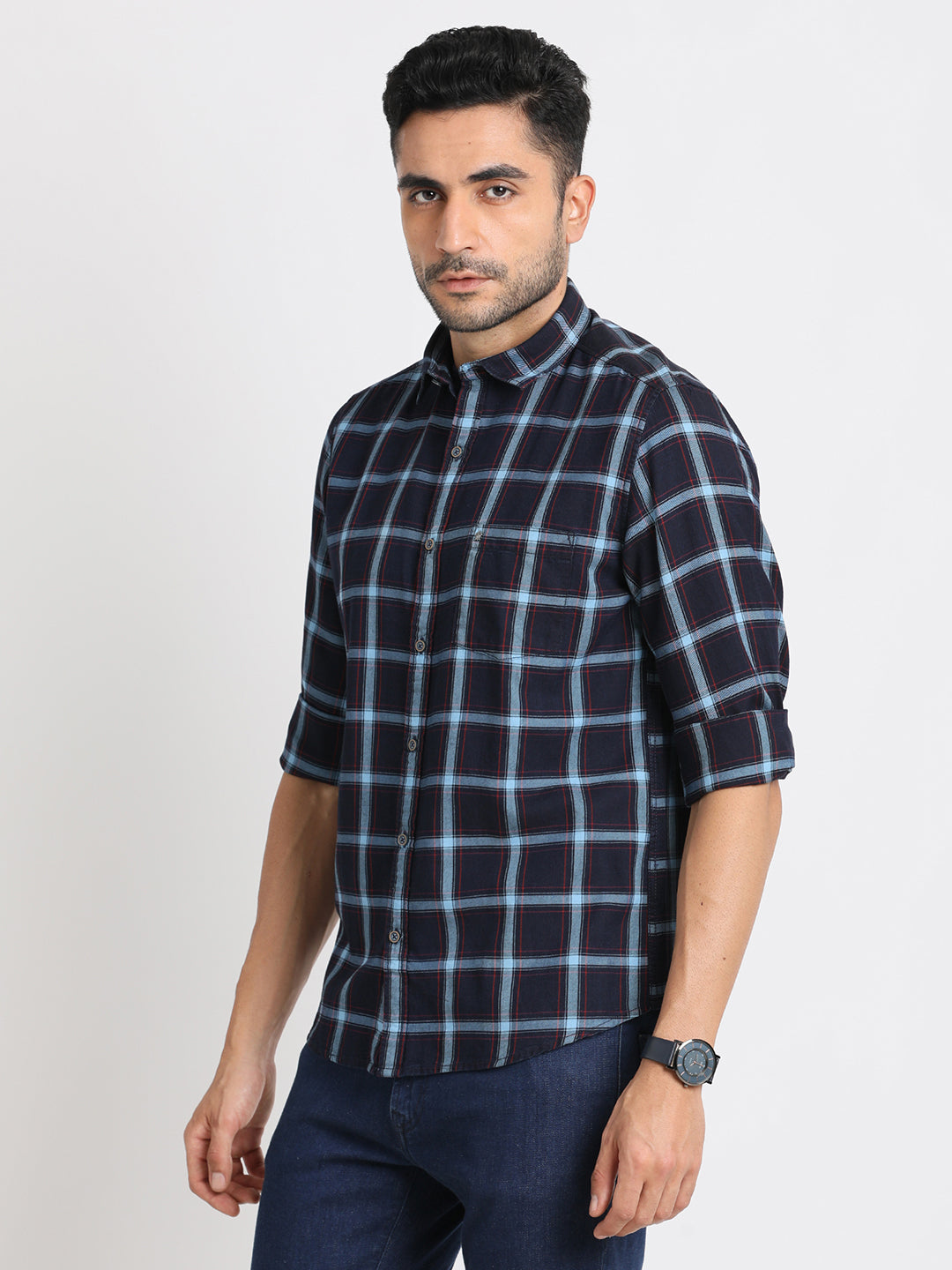 100% Cotton Indigo Navy Blue Checkered Slim Fit Full Sleeve Casual Shirt