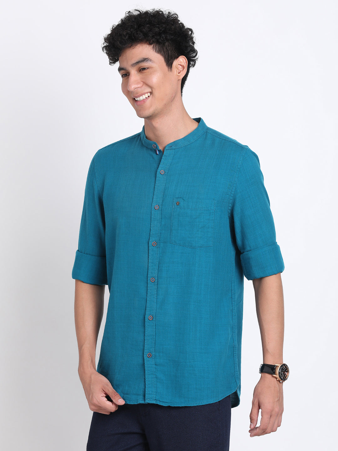 Cotton Lyocell Teal Blue Plain Slim Fit Full Sleeve Casual Shirt